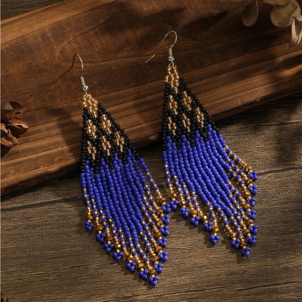 DROP BEADED EARRINGS Blue/Black/Gold
